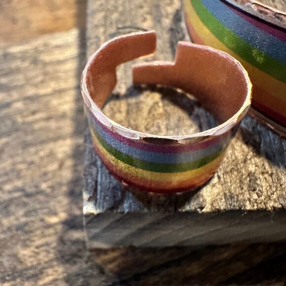 Handmade Boho Copper Wide Cuff Ring, Diamond Cut Rainbow Pride Design, Gift Box - Picture 2 of 7